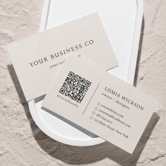 Modern Minimalist Elegant Beige QR Code Business Card (Creator Uploaded)