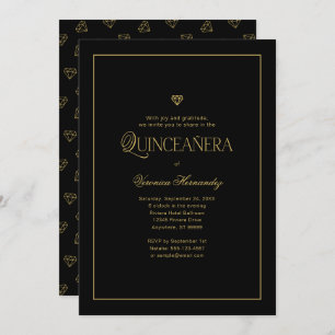 Modern Minimalist Elegant Black Gold Quinceanera Invitation