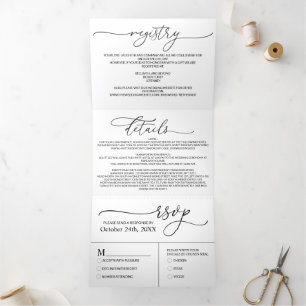 Modern Minimalist Elegant Black White Wedding Tri-Fold Invitation