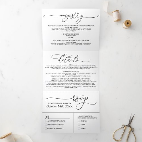Modern Minimalist Elegant Black White Wedding Tri_Fold Invitation