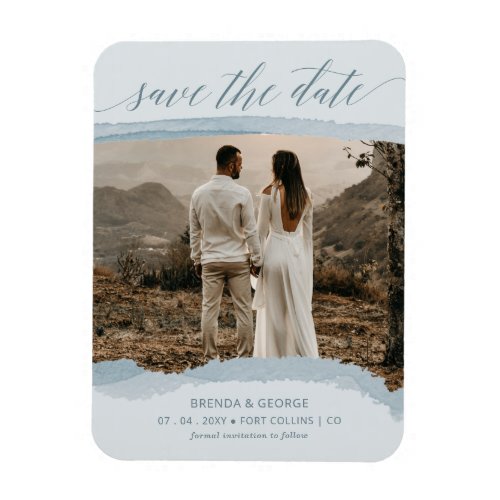 Modern Minimalist Elegant Blue Photo Save the Date Magnet