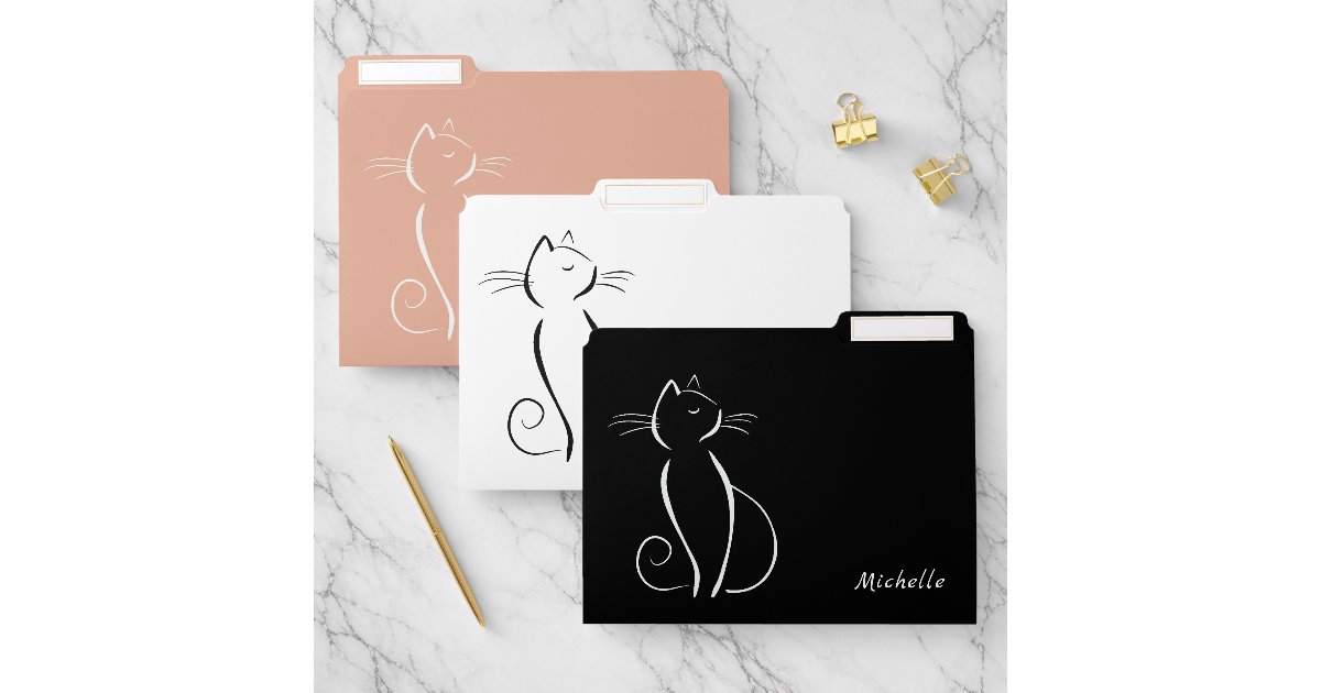 Modern Minimalist Elegant Cat Add Name File Folder | Zazzle