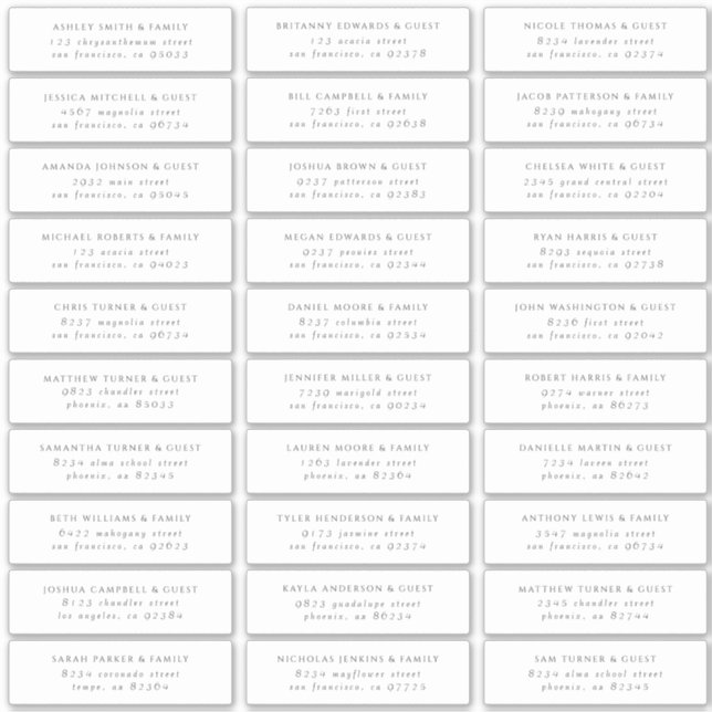 Modern Minimalist Elegant Chic Guest Names Address Sticker (Front)