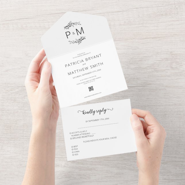 Modern Minimalist Elegant Foliage QR Code Wedding All In One Invitation (Tearaway)