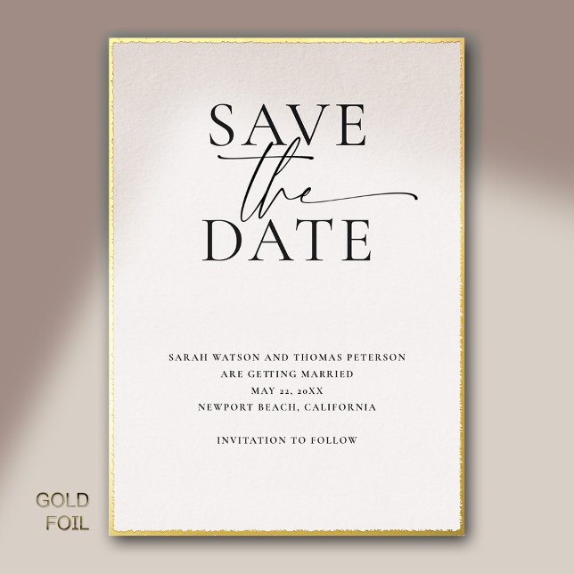 Modern Minimalist Elegant Gold Wedding Save Date Foil Invitation (modern minimalist simple wedding save the date typography calligraphy black white gold foil template)