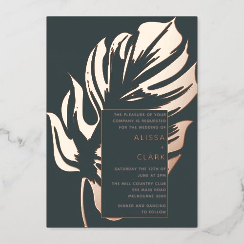 Modern Minimalist Elegant Monstera Leaf Wedding Fo Foil Invitation