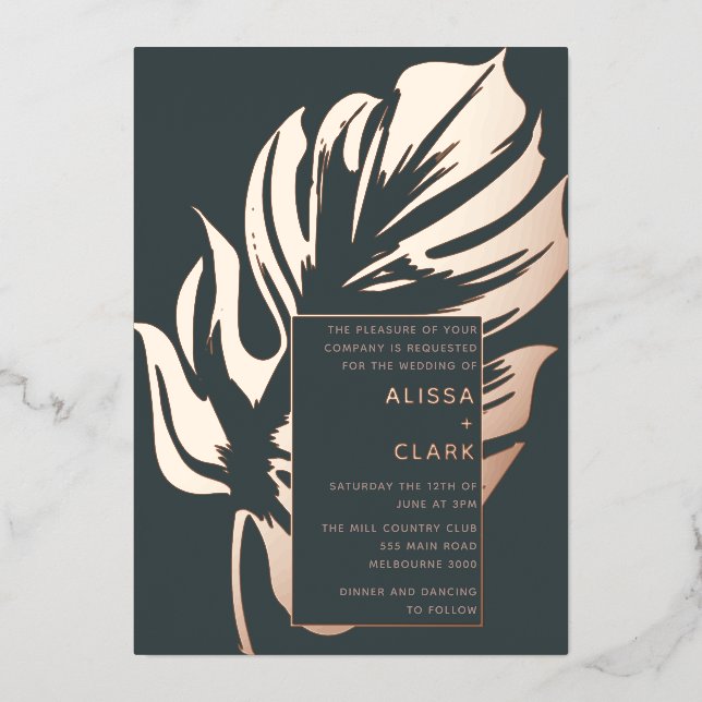 Modern Minimalist Elegant Monstera Leaf Wedding Fo Foil Invitation (Front)