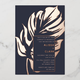 Modern Minimalist Elegant Monstera Leaf Wedding Foil Invitation