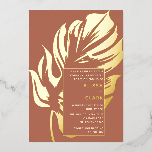 Modern Minimalist Elegant Monstera Leaf Wedding Foil Invitation (Front)