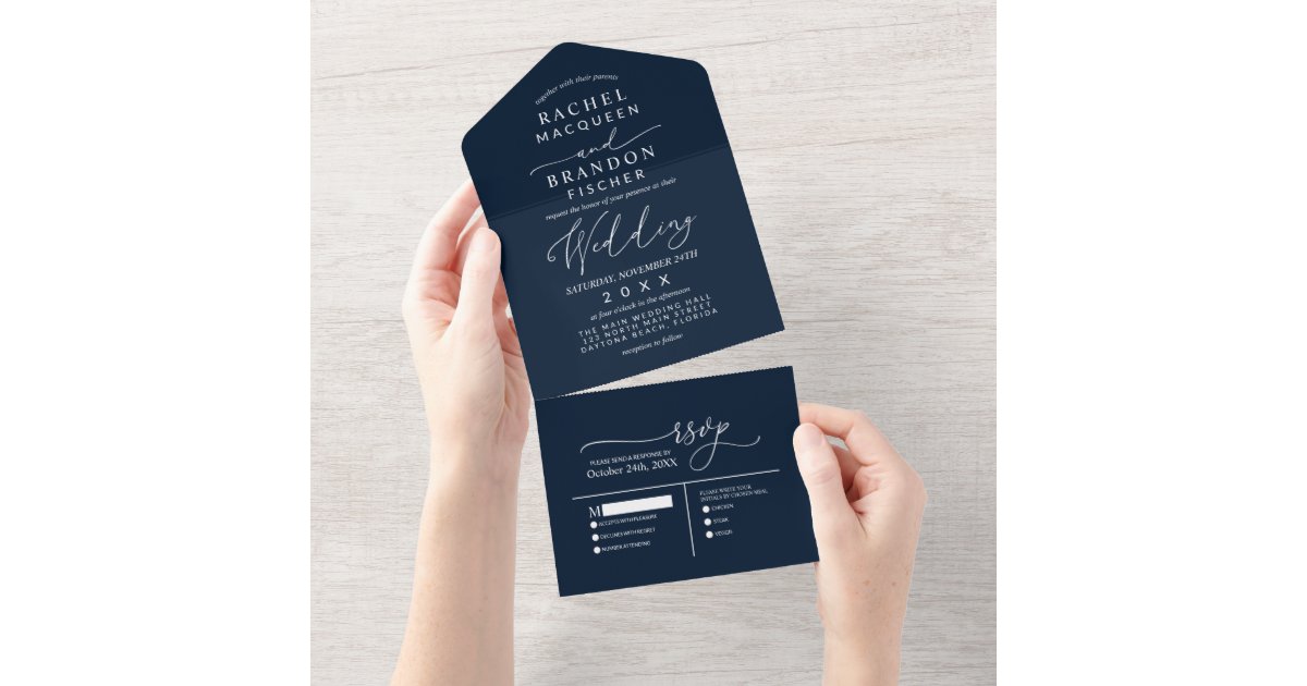 Modern Minimalist Elegant Navy Blue White Wedding All In One Invitation Zazzle Com