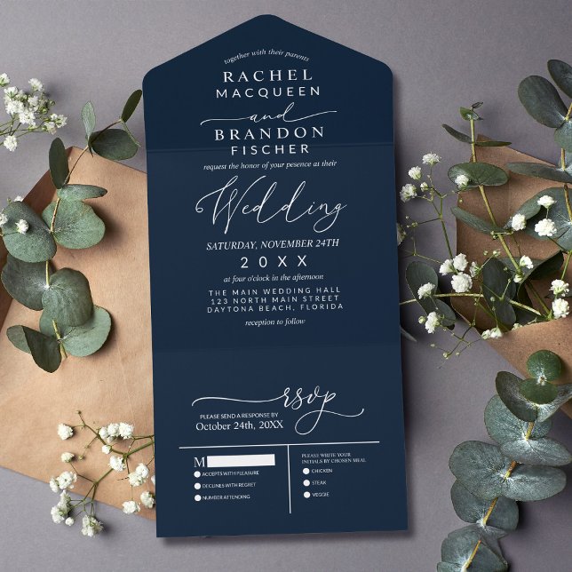 Modern Minimalist Elegant Navy Blue White Wedding  All In One Invitation (Creator Uploaded)