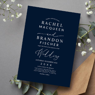 Modern Minimalist Elegant Navy Blue White Wedding Invitation