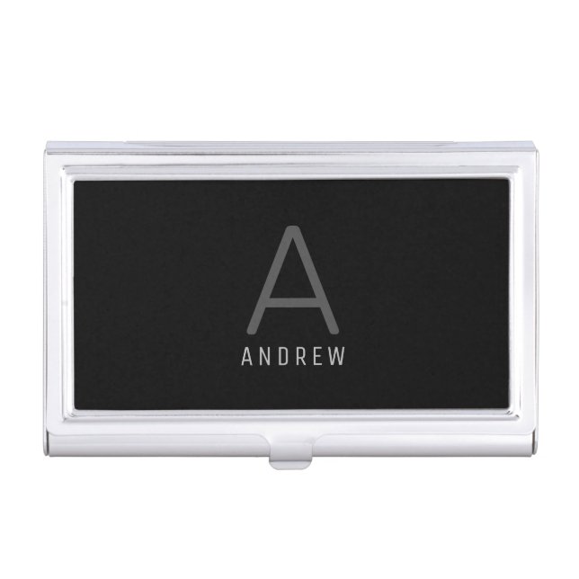 Modern Minimalist Elegant Personalized Black Silve Business Card Case (Front)
