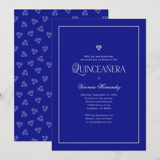 Modern Minimalist Elegant Royal Blue Quinceanera  Invitation (Front/Back)