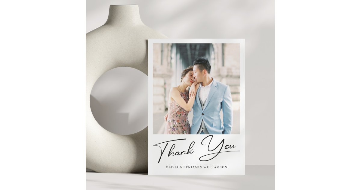 Modern Minimalist Elegant Script Photo Wedding Thank You Card | Zazzle