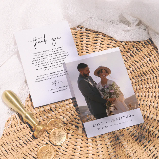 Modern Minimalist Elegant Script Photo Wedding Thank You Card | Zazzle