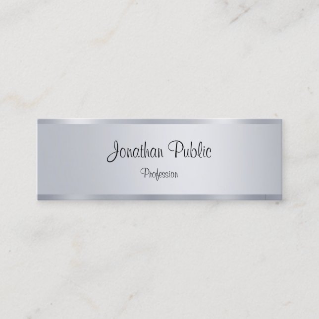 Modern Minimalist Elegant Script Silver Template Mini Business Card (Front)