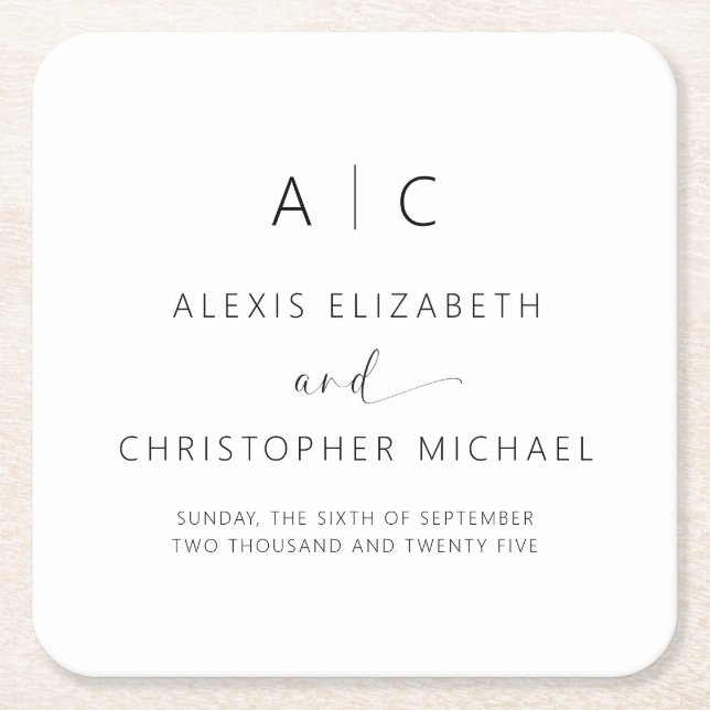 Modern Minimalist Elegant Wedding Square Paper Coaster (Front)