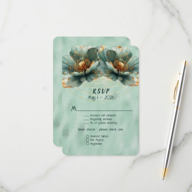 Modern Minimalist Emerald and Gold Wedding RSVP Card (Front/Back In Situ)