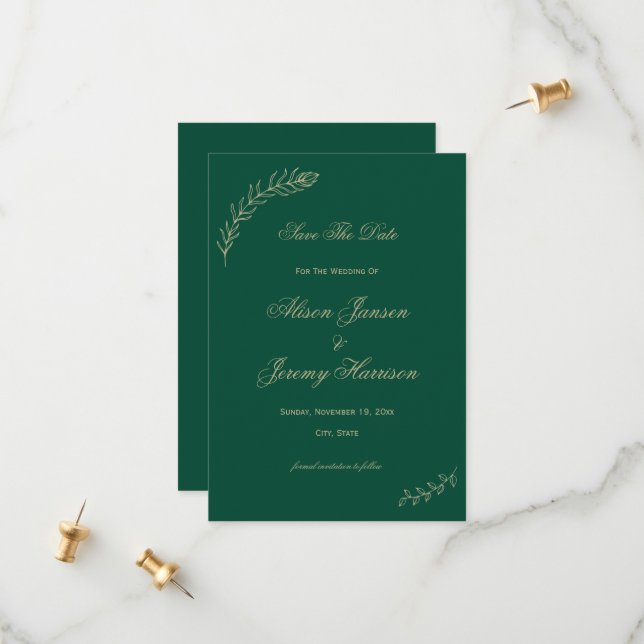 Modern Minimalist Emerald Gold Leaves And Bloom Save The Date (Front/Back In Situ)