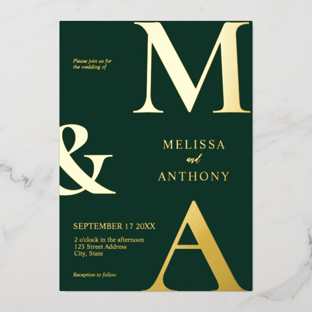 Modern Minimalist Emerald Green Monogram Wedding Foil Invitation (Front)