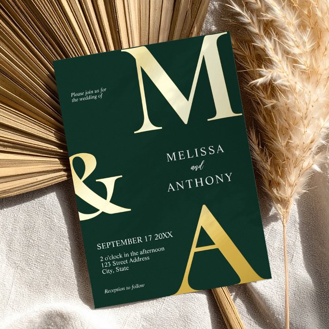 Modern Minimalist Emerald Green Monogram Wedding Foil Invitation (Creator Uploaded)