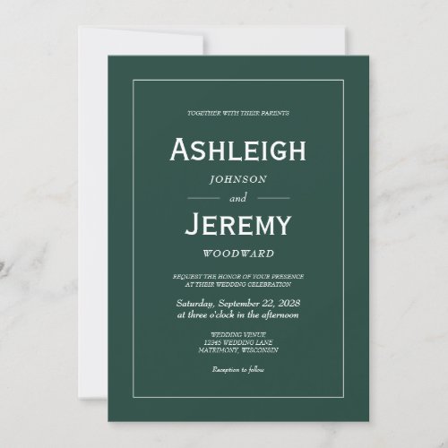 Modern Minimalist Emerald Green Wedding Invitation