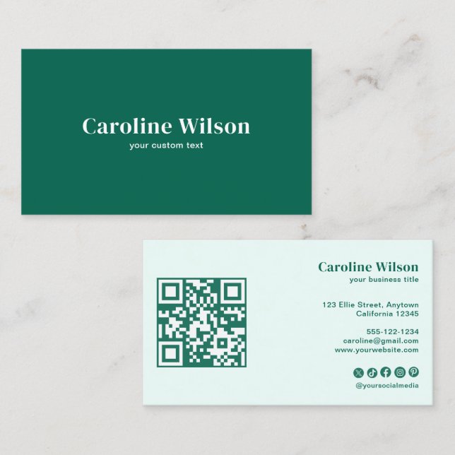 Modern Minimalist Emerald QR Code Social Media Business Card (Front/Back)