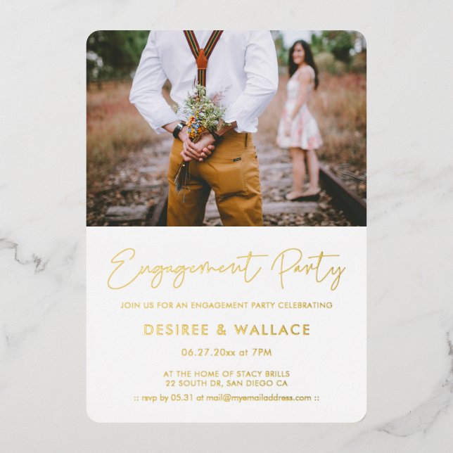 Modern minimalist engagement party photo foil invitation (Front)