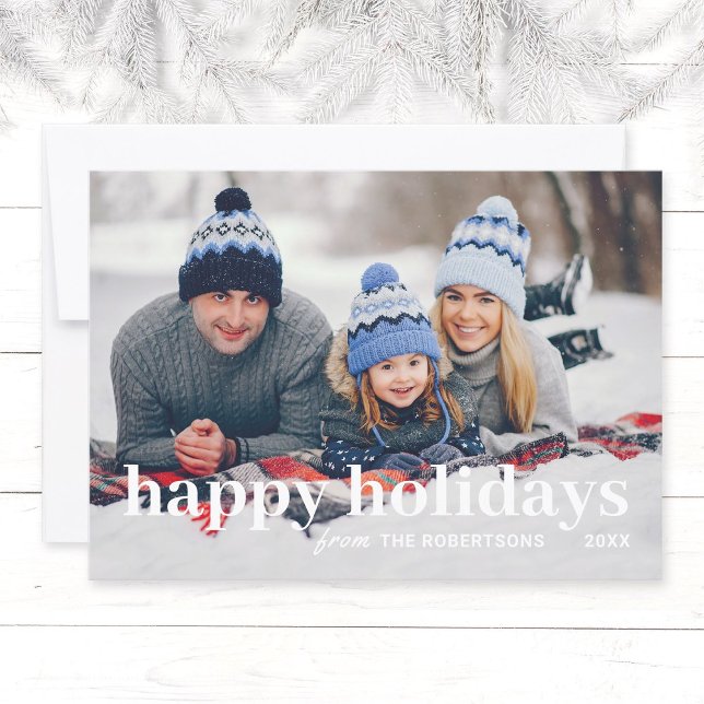 Modern Minimalist Family 1 Photo Christmas Card (Simple, modern family photo Christmas greeting card with the text "Happy Holidays" and family name.)