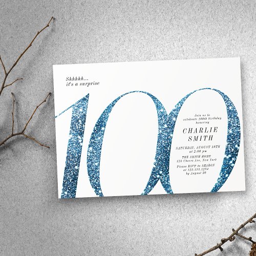 Modern minimalist faux blue glitter 100th birthday invitation