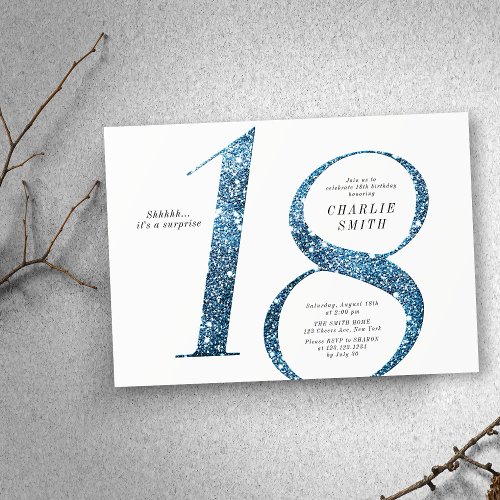 Modern minimalist faux blue glitter 18th birthday invitation
