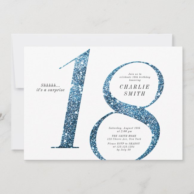 Modern minimalist faux blue glitter 18th birthday invitation