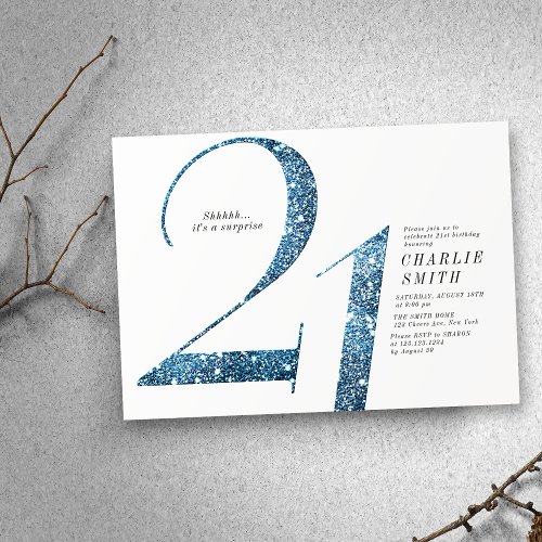 Modern minimalist faux blue glitter 21st birthday invitation