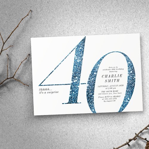 Modern minimalist faux blue glitter 40th birthday invitation