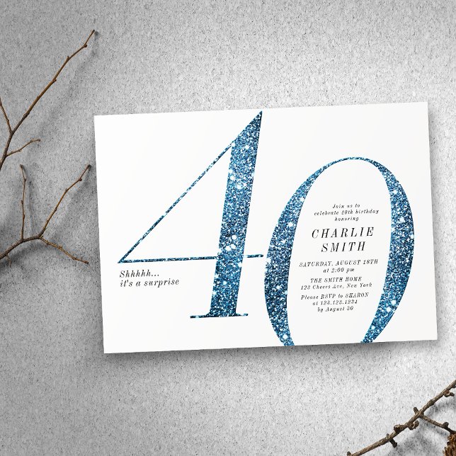 Modern minimalist faux blue glitter 40th birthday invitation (Modern minimalist faux blue glitter 40th birthday invitation)