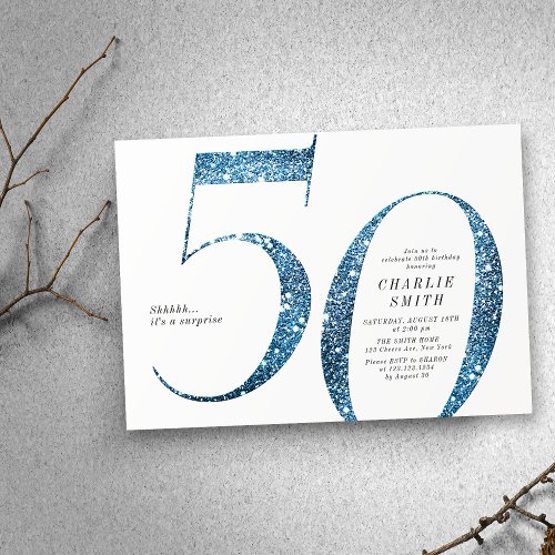 Modern minimalist faux blue glitter 50th birthday invitation