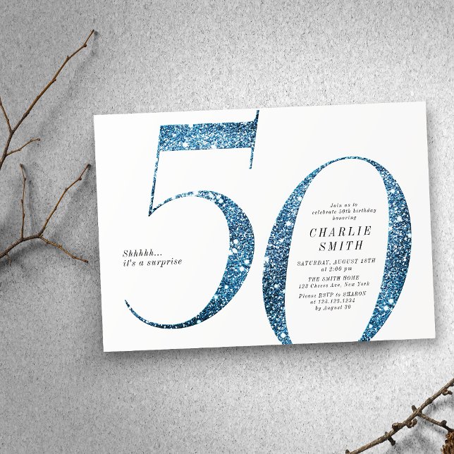 Modern minimalist faux blue glitter 50th birthday invitation (Modern minimalist faux blue glitter 50th birthday invitation)