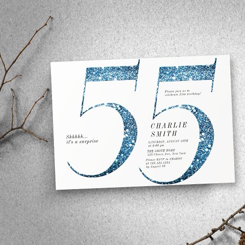 Modern minimalist faux blue glitter 55th birthday invitation