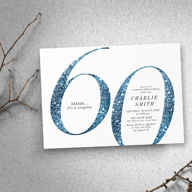 Modern minimalist faux blue glitter 60th birthday invitation (Modern minimalist faux blue glitter 60th birthday invitation)