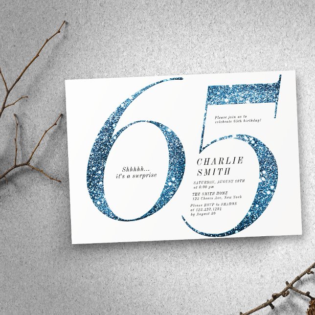 Modern minimalist faux blue glitter 65th birthday invitation (Modern minimalist faux blue glitter 65th birthday invitation)