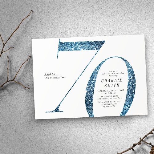 Modern minimalist faux blue glitter 70th birthday invitation