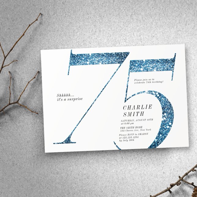 Modern minimalist faux blue glitter 75th birthday invitation