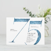 Modern minimalist faux blue glitter 75th birthday invitation (Standing Front)