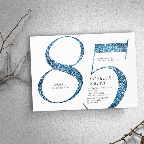 Modern minimalist faux blue glitter 85th birthday invitation