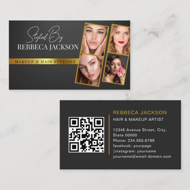 Modern Minimalist Faux Gold 4 Photos Hair Stylist Business Card (Front/Back)