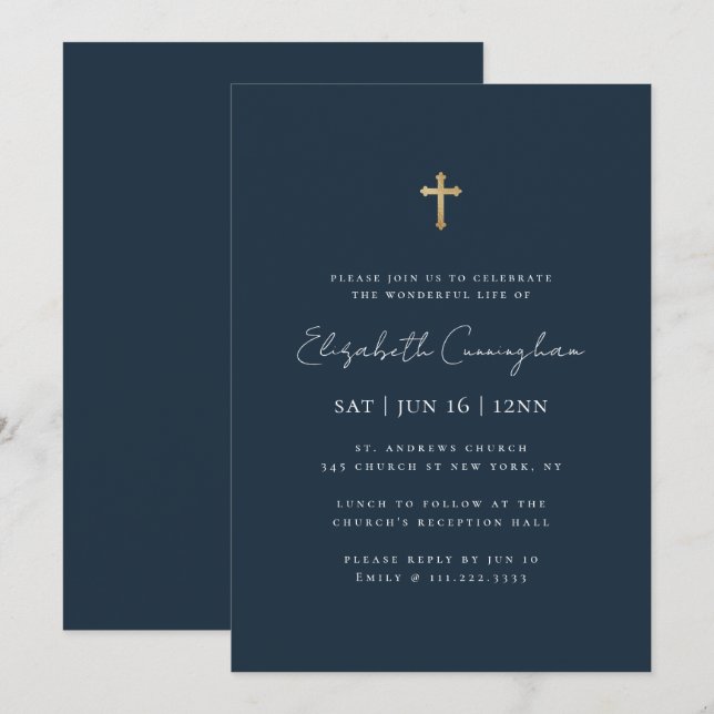 Modern Minimalist Faux Gold Cross Memorial Funeral Invitation (Front/Back)