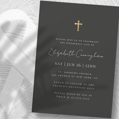 Modern Minimalist Faux Gold Cross Memorial Funeral Invitation