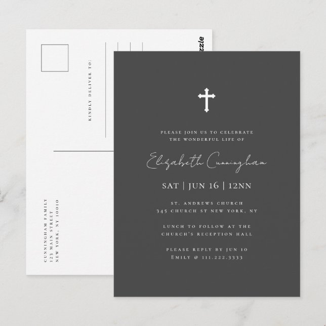Modern Minimalist Faux Gold Cross Memorial Funeral Postcard (Front/Back)