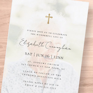 Modern Minimalist Faux Gold Cross Photo Memorial Invitation